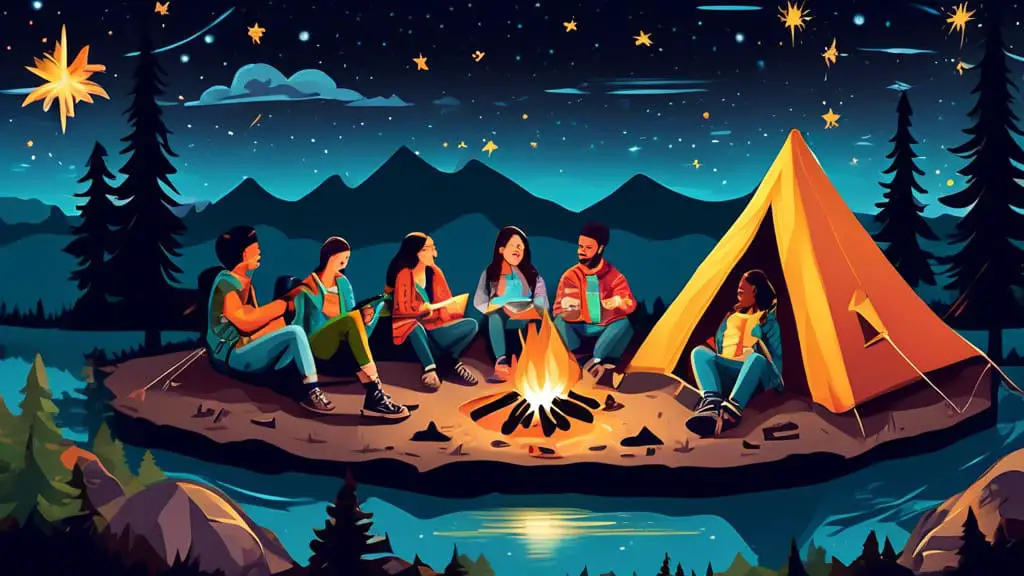 Create an imaginative and vibrant camping scene featuring a diverse group of friends gathered around a campfire under a starry night sky. Each friend is we