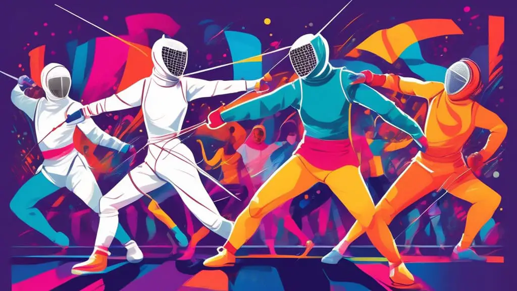 Illustrate a vibrant and dynamic scene of a diverse group of fencers in colorful outfits, engaged in an intense practice on a fencing strip. Include creati