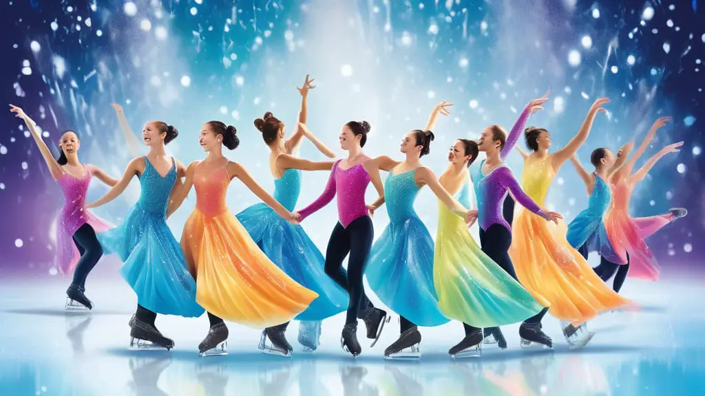 Create an artistic and vibrant scene of a group of diverse figure skaters performing a synchronized routine on a dazzling ice rink. Incorporate elements of