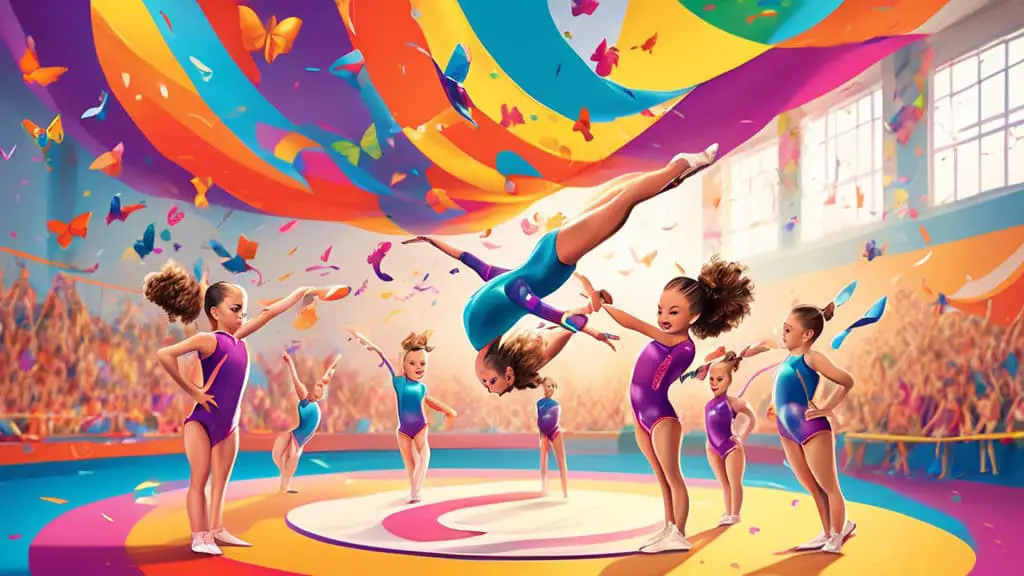 Create an imaginative scene featuring a vibrant gymnastics team in action, showcasing diverse young athletes performing dynamic routines with energetic exp