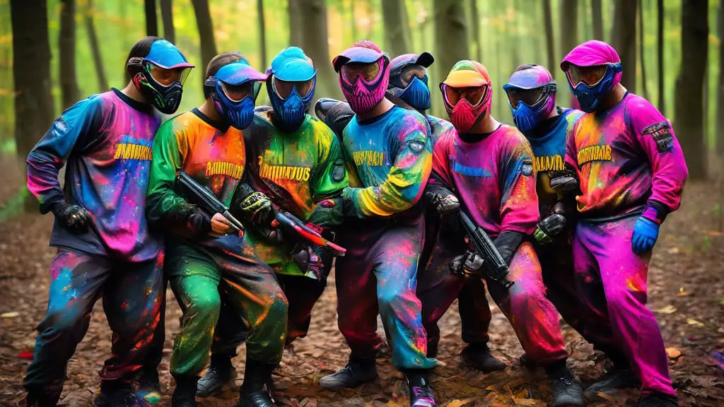 An imaginative and dynamic scene featuring a diverse group of paintball players in vibrant gear, huddled together in a forested battlefield setting. Each t