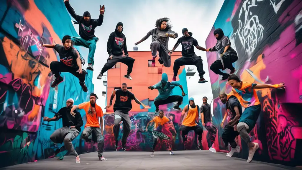 An urban scene showcasing a group of diverse athletes performing dynamic parkour moves on a cityscape backdrop. The team wears unique, colorful outfits wit