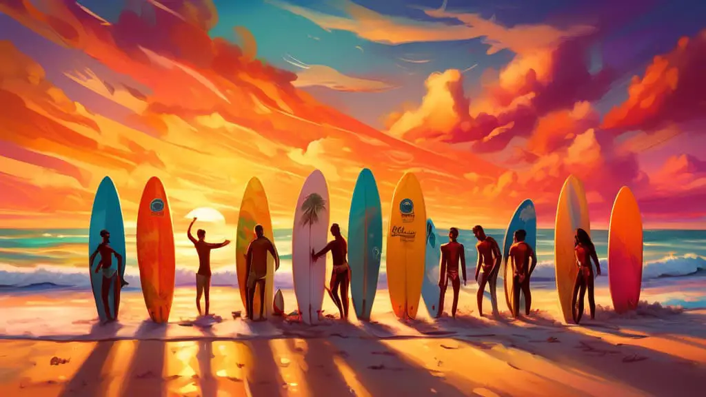 An artistic scene of a vibrant surfing team gathered on a beach, brainstorming creative team names, surrounded by colorful surfboards and ocean waves, with