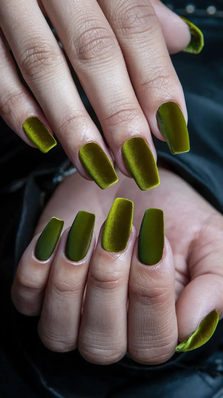 Olive Green Velvet Nails (That Look Touchably Luxe)