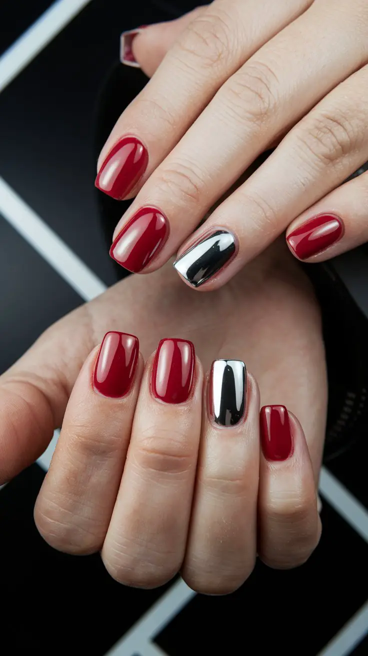 Alternating Red and Silver Nails (That’s Giving Checkerboard Chic)