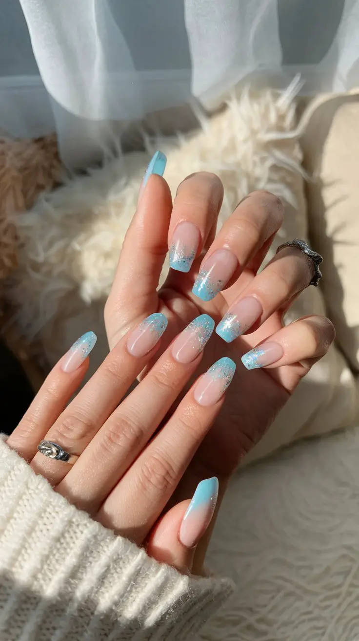 Baby Blue Ombré with Silver Glitter Tips (That’s Giving Cloud Nine Vibes)