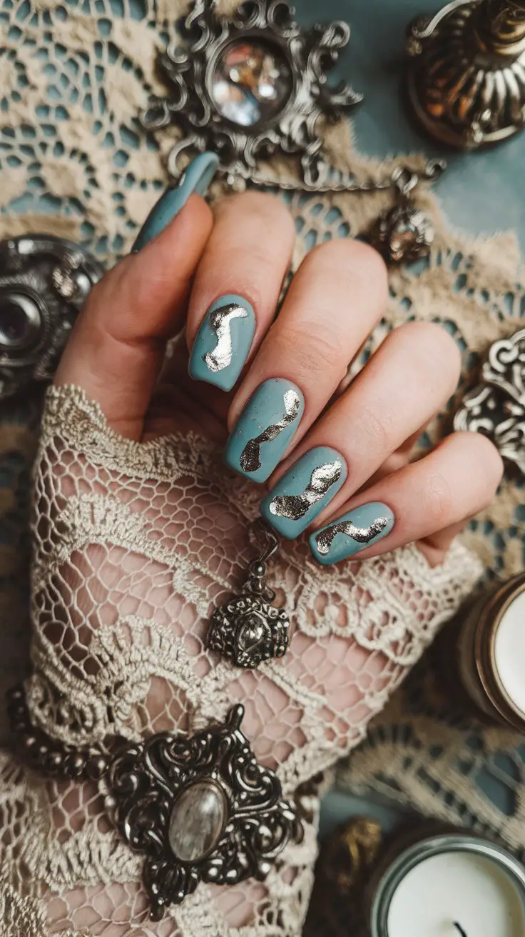 Dusty Blue with Silver Foil Accents (That’s Giving Vintage Glam)