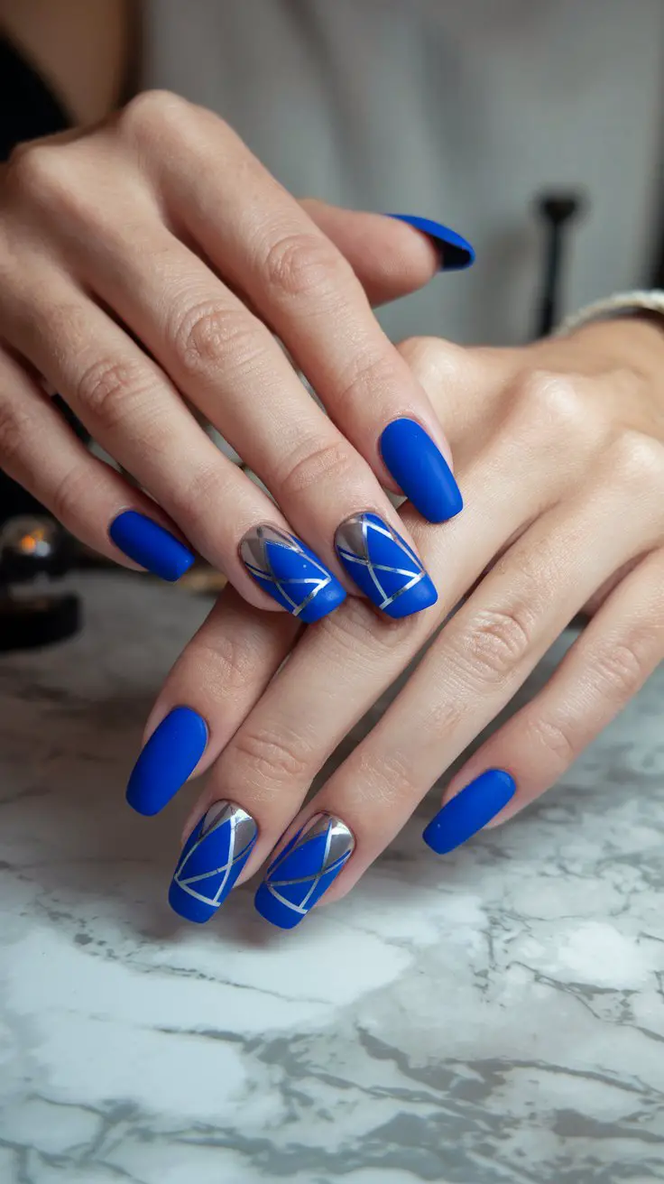 Electric Blue with Silver Geometric Lines (That Screams Modern Art)