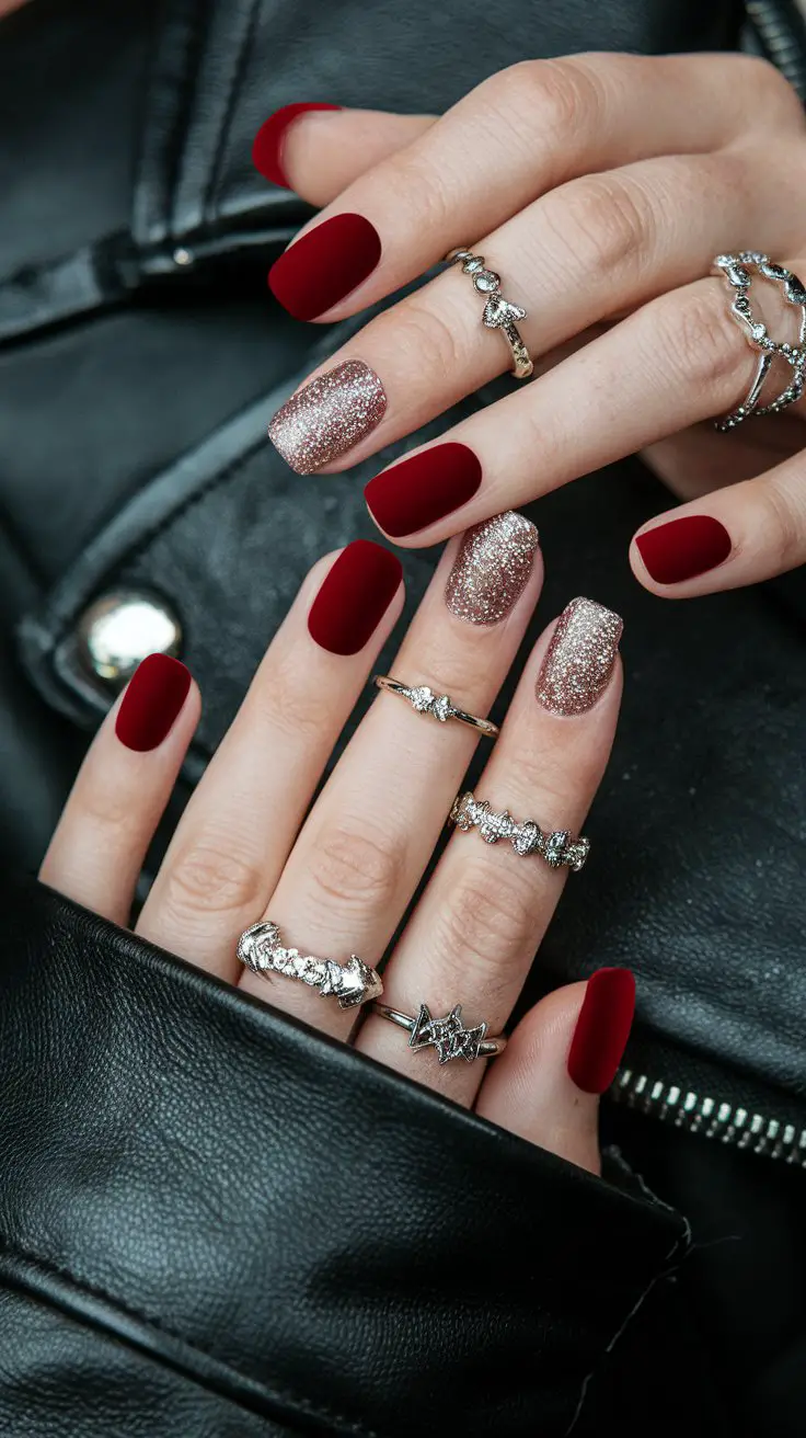 Matte Red with Silver Glitter Cuticles (That’s Giving Rockstar Energy)