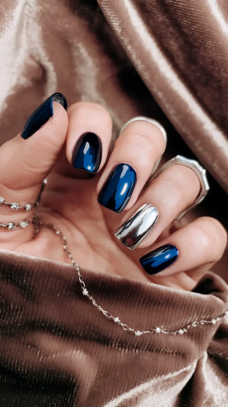 Midnight Blue Chrome with Silver Accent Nails (That Looks Like Liquid Metal)