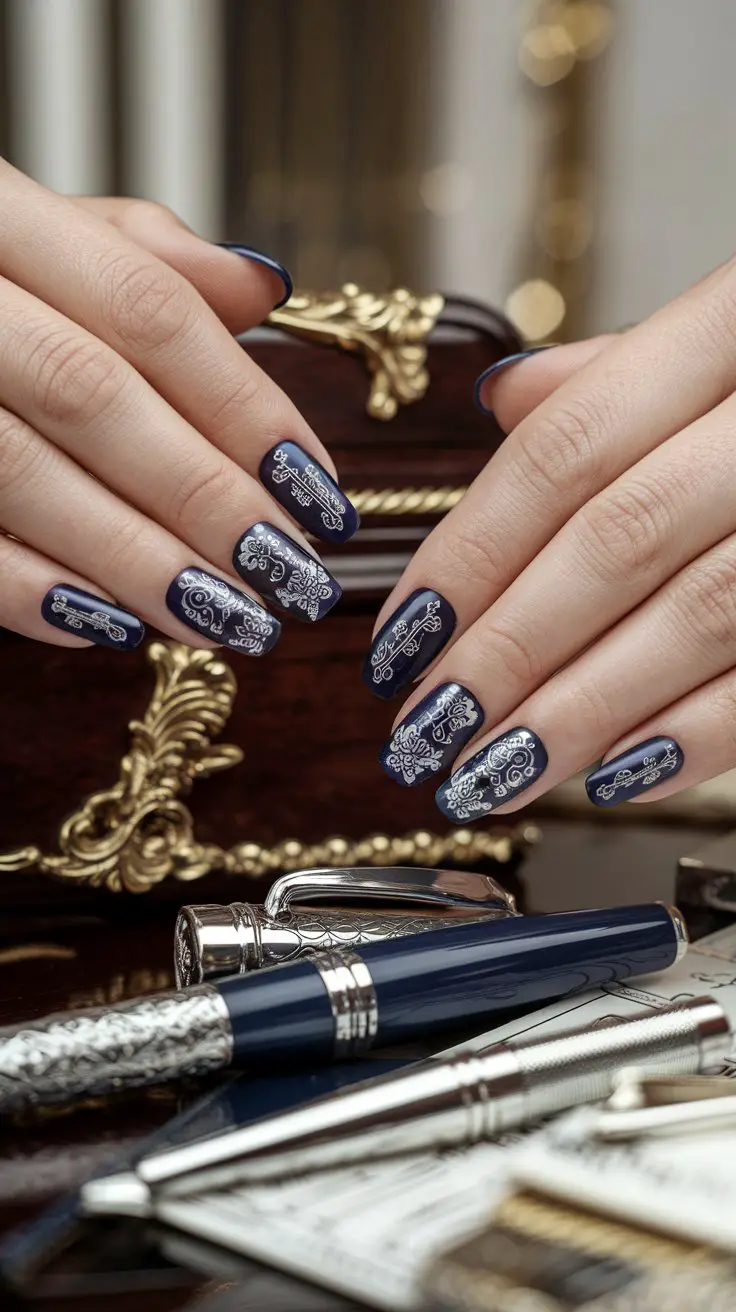 Navy Blue with Silver Stamping Design (That’s Giving Sophisticated Edge)