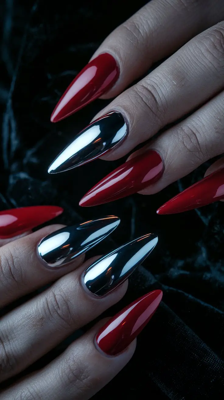 Silver Chrome Base with Red Accent Nails (That Says “I’m the Main Character”)