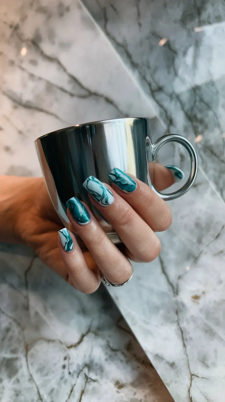 Teal Marble Swirls (That Look Like Expensive Wallpaper But On Your Nails)