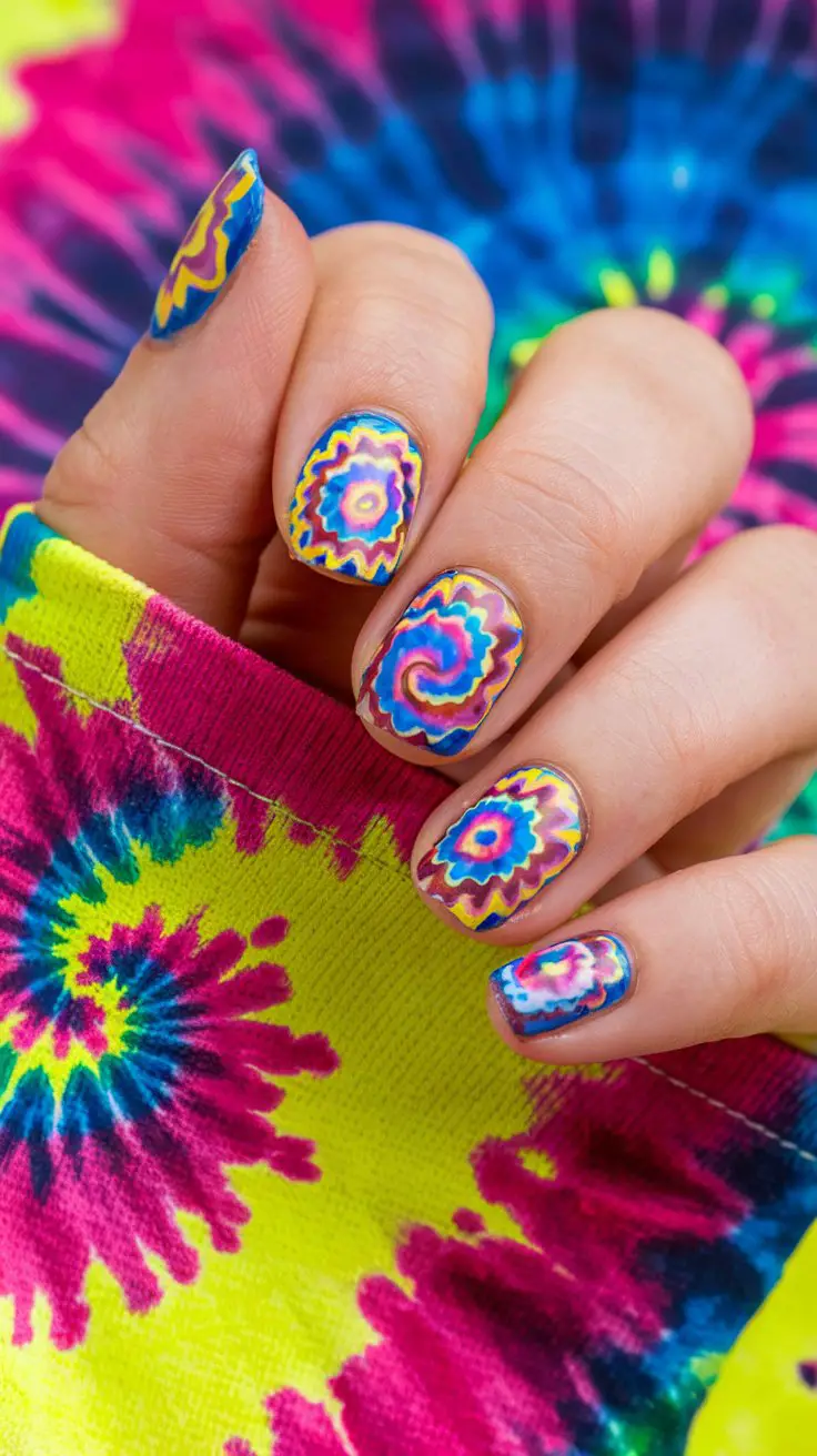 Tie-Dye Explosion Nails (That Scream “I’m Too Cool for Boring Manicures”)