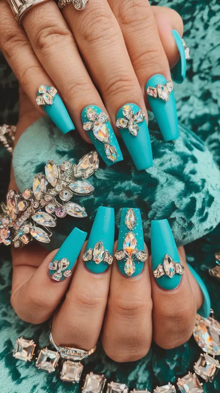 Turquoise Coffin Nails with Rhinestones (That’s Pure Glamour)