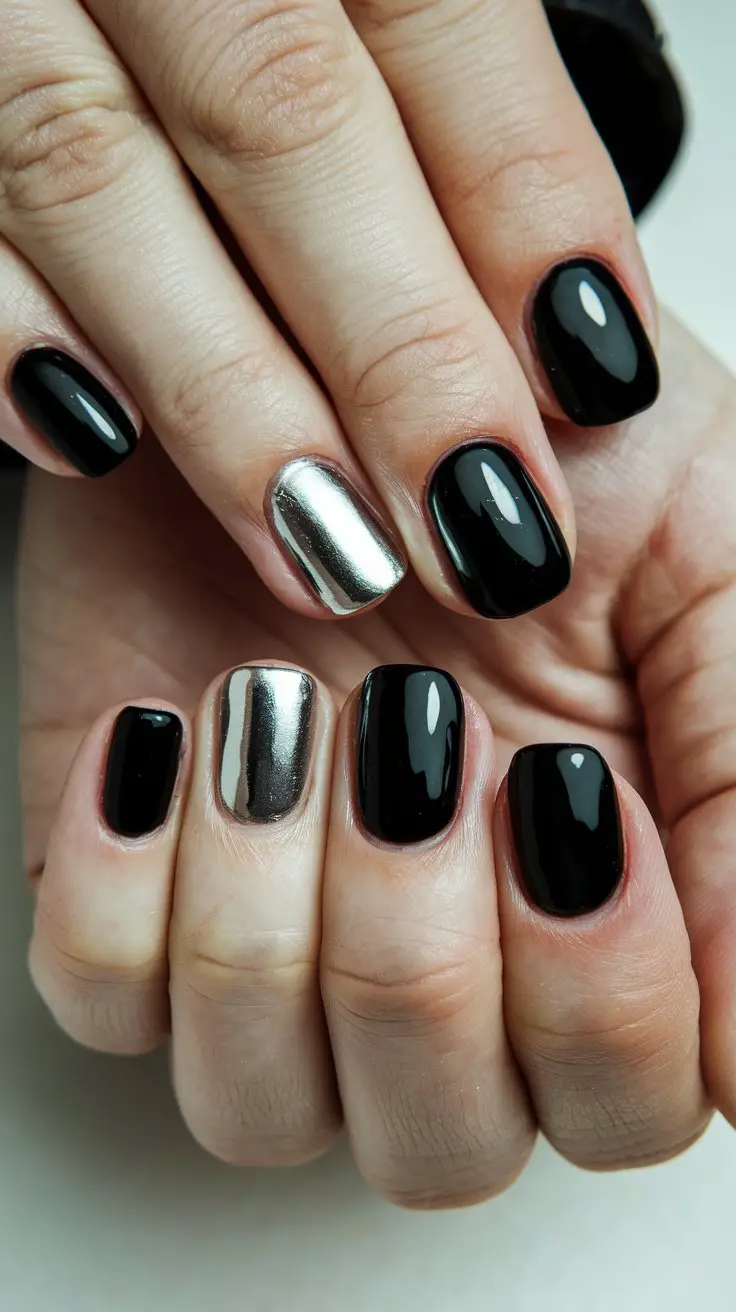 Black Nails with Silver Accent Nail (That Keep It Simple But Stunning)