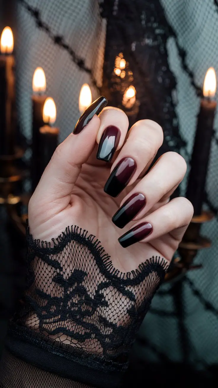 Burgundy Cat Eye with Black Tips (That Gives “Vampire Chic” Without Being Costume-y)