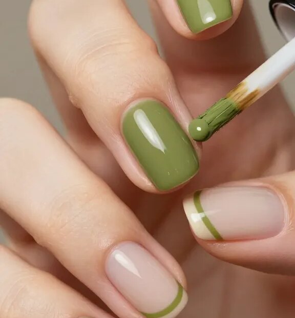 Ultra-realistic close-up beauty photo of a hand with short, neatly filed oval nails showcasing a minimalist manicure: glossy Olive Green base with an ultra-thin micro French tip in a lighter Olive Green–beige blend. The razor-thin line elegantly traces the free edge, elongating the nail while remaining subtle. Skin tone is medium-neutral with soft, natural lighting and gentle shadows for dimensionality. Background is a muted, warm gray to make the Olive Green pop. Include a striping brush with a tiny bead of the lighter Olive Green polish near the tip of one nail to imply application. High-resolution, macro detail of shine, cuticle care, and glassy topcoat finish; no clutter, no jewelry, clean editorial aesthetic. Photographed with a 100mm macro lens, shallow depth of field, studio lighting for a refined, modern look.