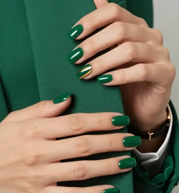 Ultra-realistic studio photo of a “Green Square” manicure: medium-length square nails painted in deep glossy emerald, high-shine finish that reflects soft light like a gemstone; subtle single thin metallic gold stripe on the ring finger done with precise striping tape. Hands posed naturally holding a tailored emerald blazer lapel over dark denim, with a hint of luxe watch and crisp white cuff to evoke a boardroom-ready power suit vibe. Skin tone natural and well-lit, background softly blurred neutral gray to keep focus on the Green Square nails. Macro detail of lacquer smoothness, clean cuticles, and structured square tips; color grading rich and polished, realistic textures, 50mm lens look, editorial beauty lighting.
